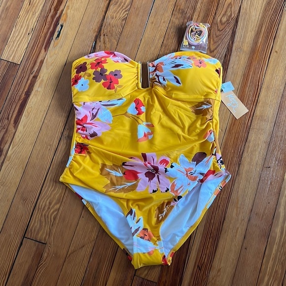 Kona Sol Wizard Gold Tropical Floral High Coverage One Piece Swimsuit NWT Size L - Picture 1 of 6